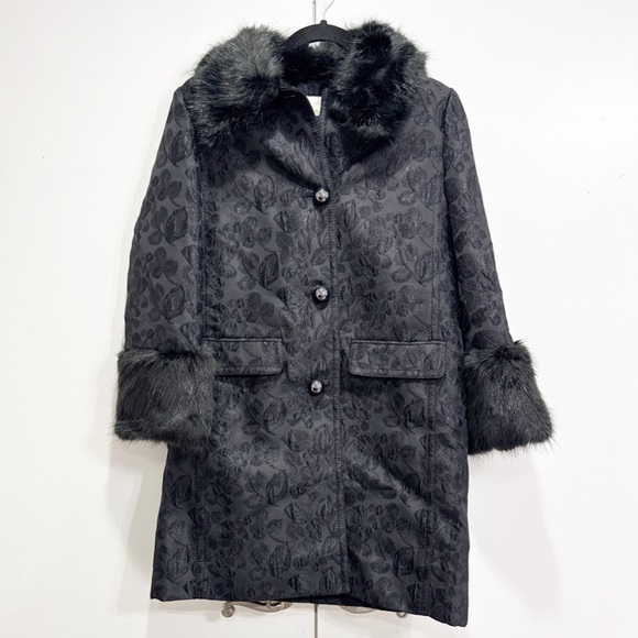 Kate Spade Black Metallic Jacquard Faux Fur Trim Coat Size 0 - Picture 5 of 9